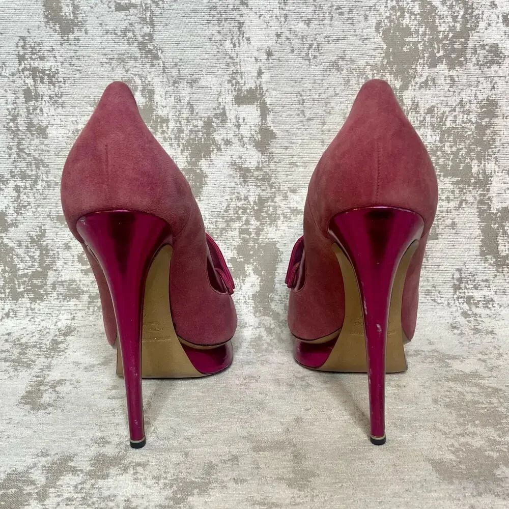 Nicholas Kirkwood Kiltie Suede and Metallic Tassel Loafer Stilettos in Pink